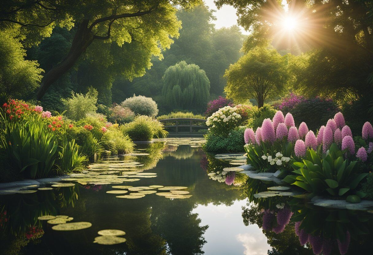 A serene garden with a tranquil pond, surrounded by lush greenery and colorful flowers, with the sun shining through the trees