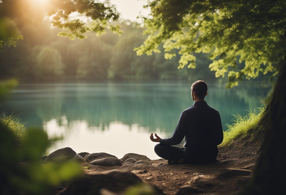 A serene, tranquil setting with a figure in meditation surrounded by nature and a sense of inner calm and peace