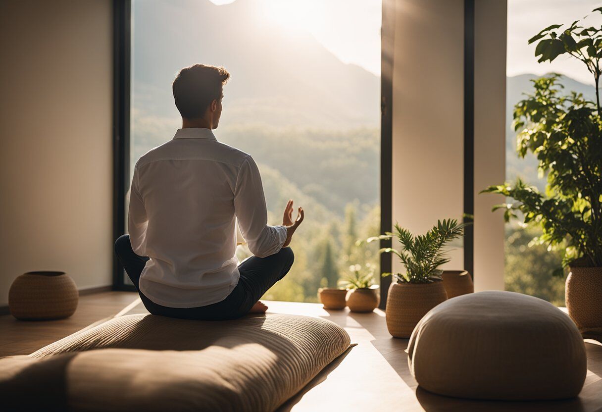 A serene, sunlit room with a comfortable cushion, soft lighting, and a view of nature, where a person meditates peacefully