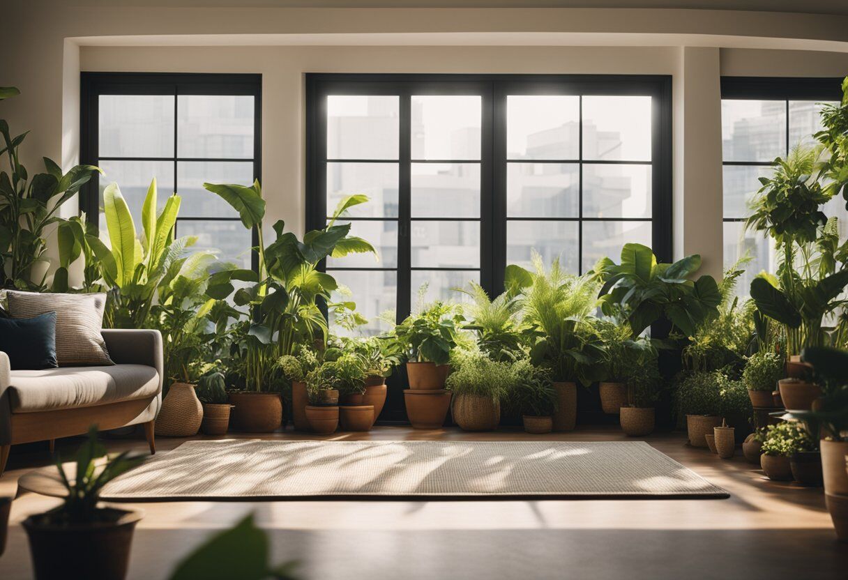 A serene, sunlit room with a cushioned mat, surrounded by plants and soft music playing in the background