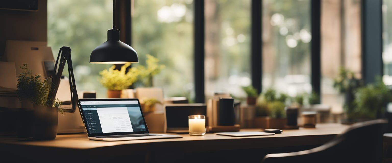 A serene, clutter-free workspace with a single candle burning, soft natural light, and a peaceful atmosphere
