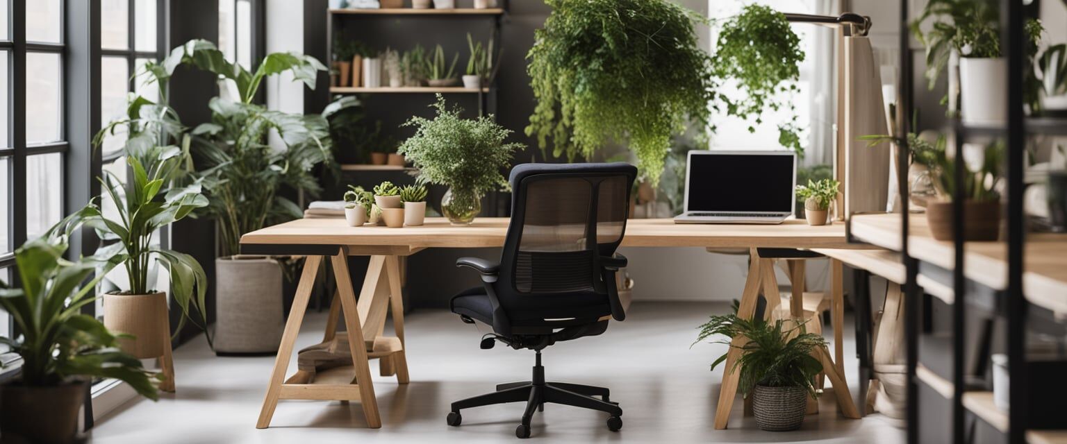 A serene, clutter-free workspace with a cozy chair and soft lighting, surrounded by plants and calming decor 10 Simple Meditation Techniques