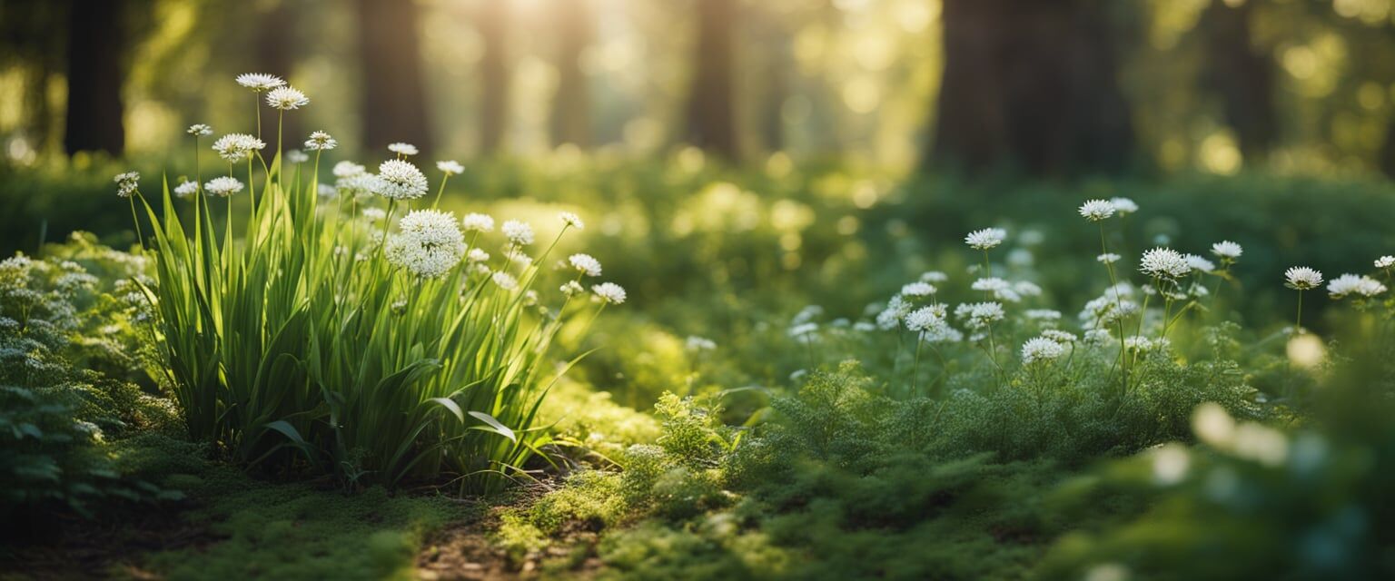 A serene setting with natural elements like a peaceful garden or tranquil forest, with soft natural light and a sense of calm and stillness