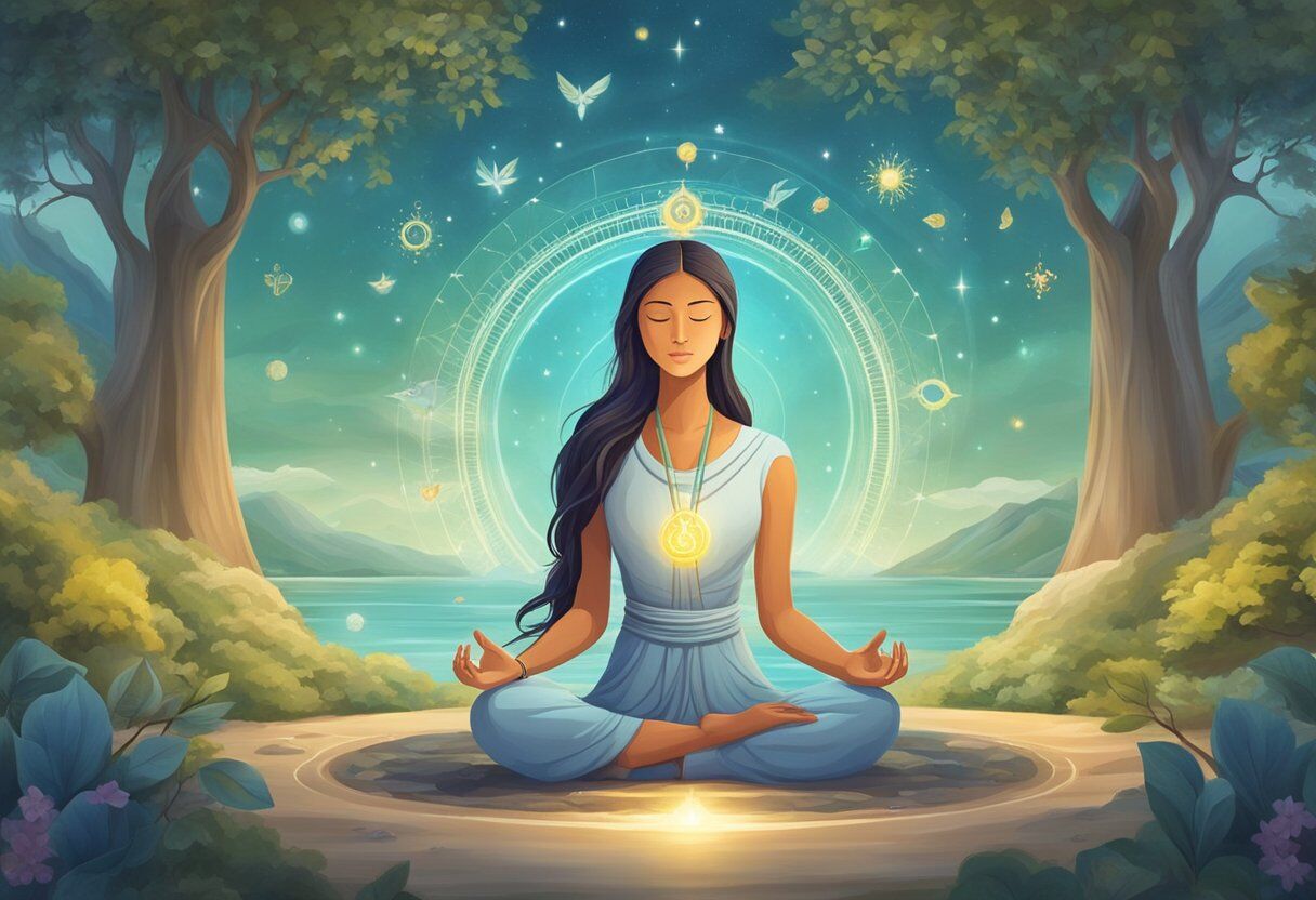 A serene figure meditates in a tranquil natural setting, surrounded by symbols of spirituality and personal growth