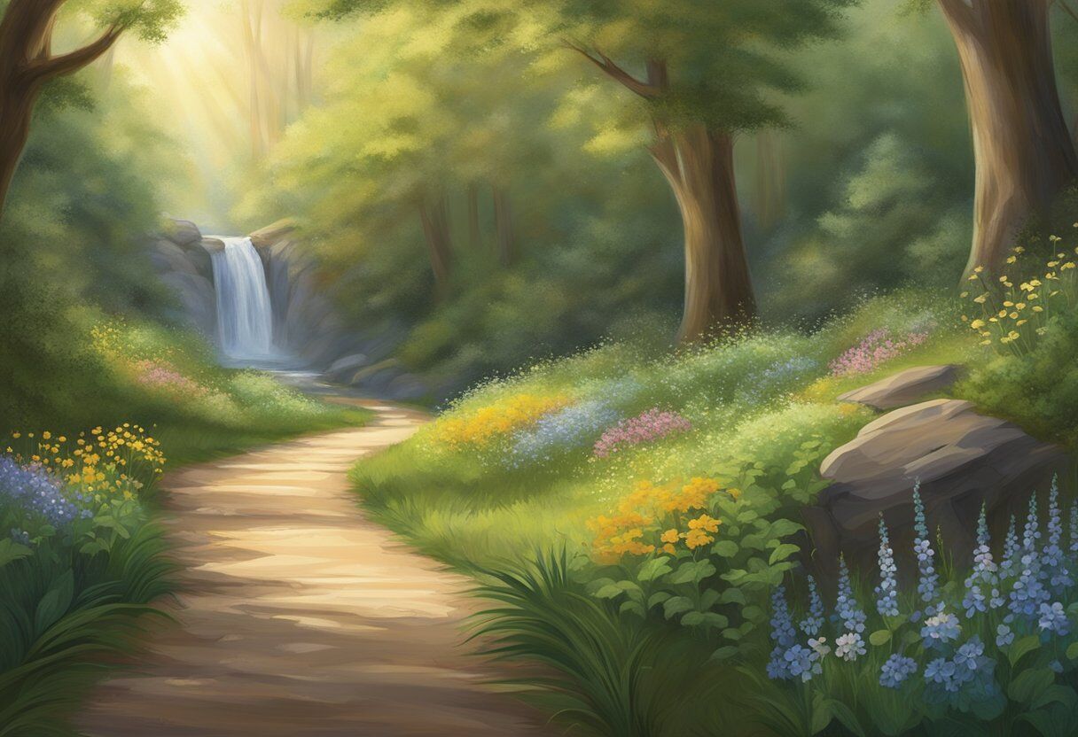 A serene, sunlit path winds through a lush forest, leading to a tranquil clearing with a peaceful waterfall and blooming wildflowers