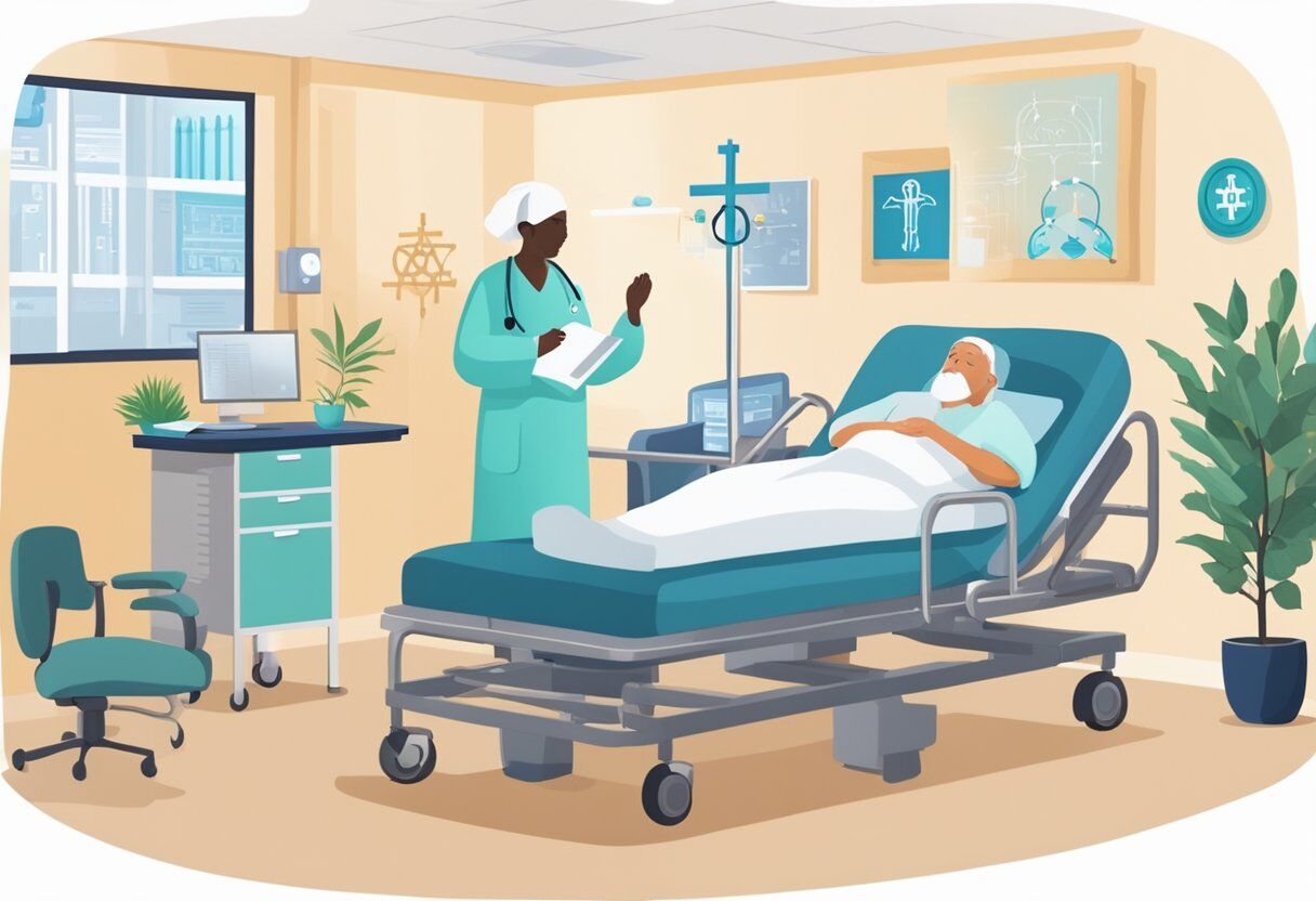 A serene hospital room with a patient surrounded by comforting symbols of various faiths, while a healthcare provider offers support and understanding