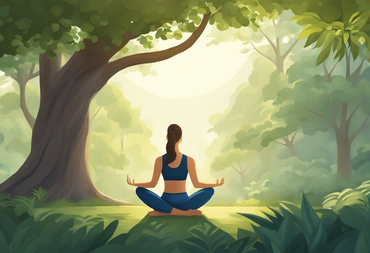 A person practicing yoga in a serene, natural setting, surrounded by greenery and sunlight, with a focus on strength and balance poses. Yoga for Weight Loss
