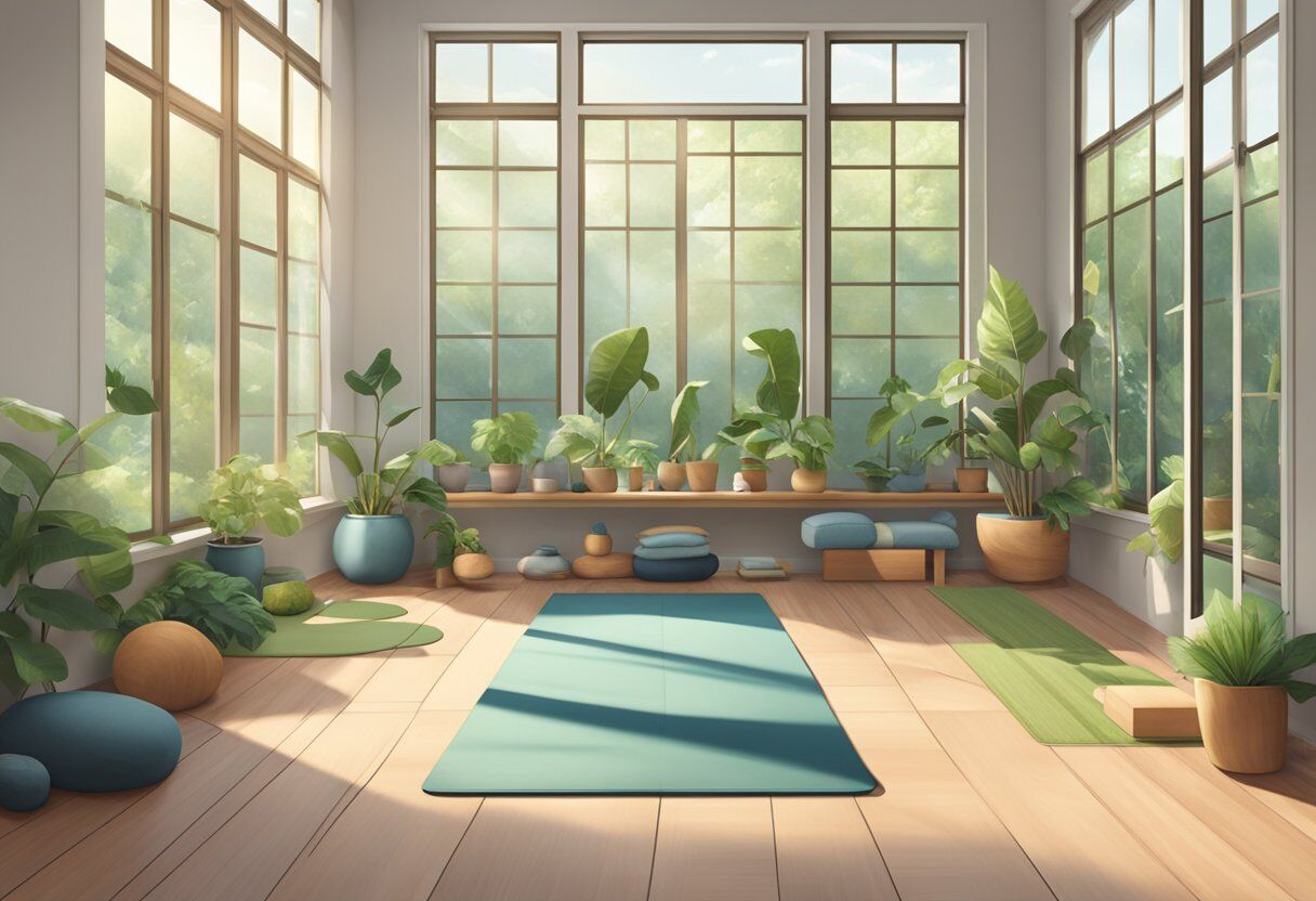 A serene yoga studio with various props and mats, surrounded by lush greenery and natural light filtering in through large windows. Yoga for Weight Loss