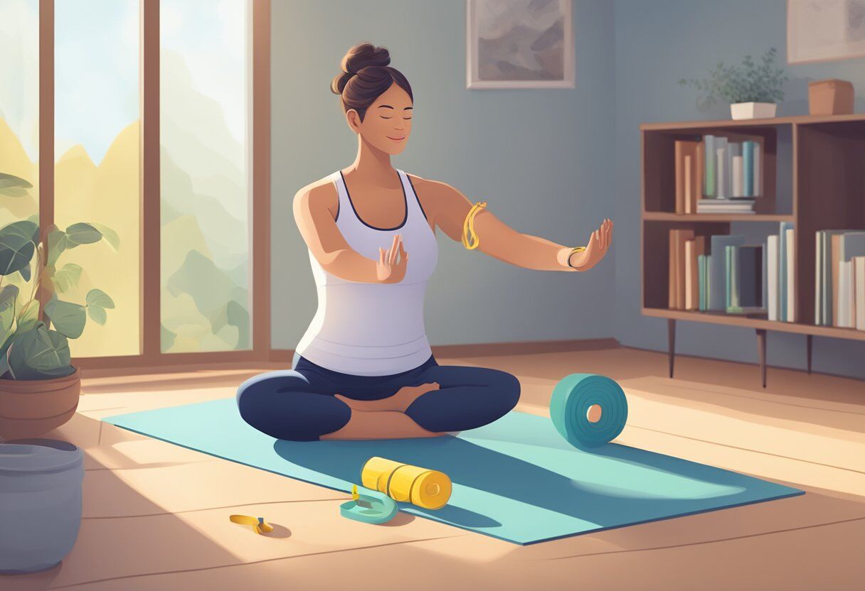A person practicing yoga poses with a scale and measuring tape nearby