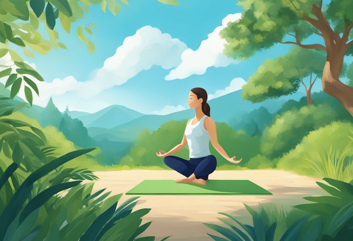 A person practicing yoga in a serene, natural setting, surrounded by lush greenery and a clear blue sky