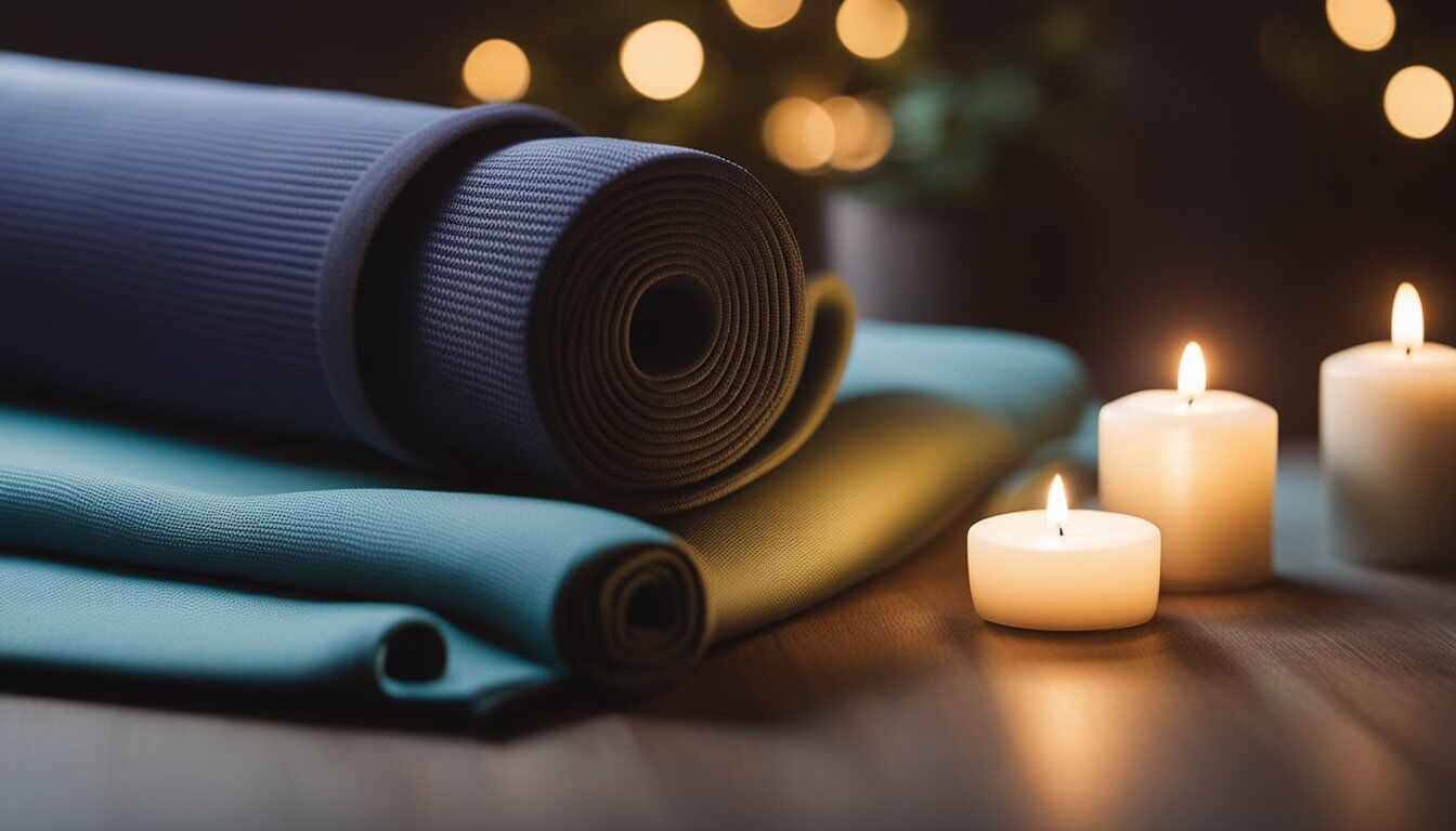 A serene, dimly lit room with a yoga mat and bolster set up for a restorative evening yoga practice. A calming atmosphere with soft music and candles