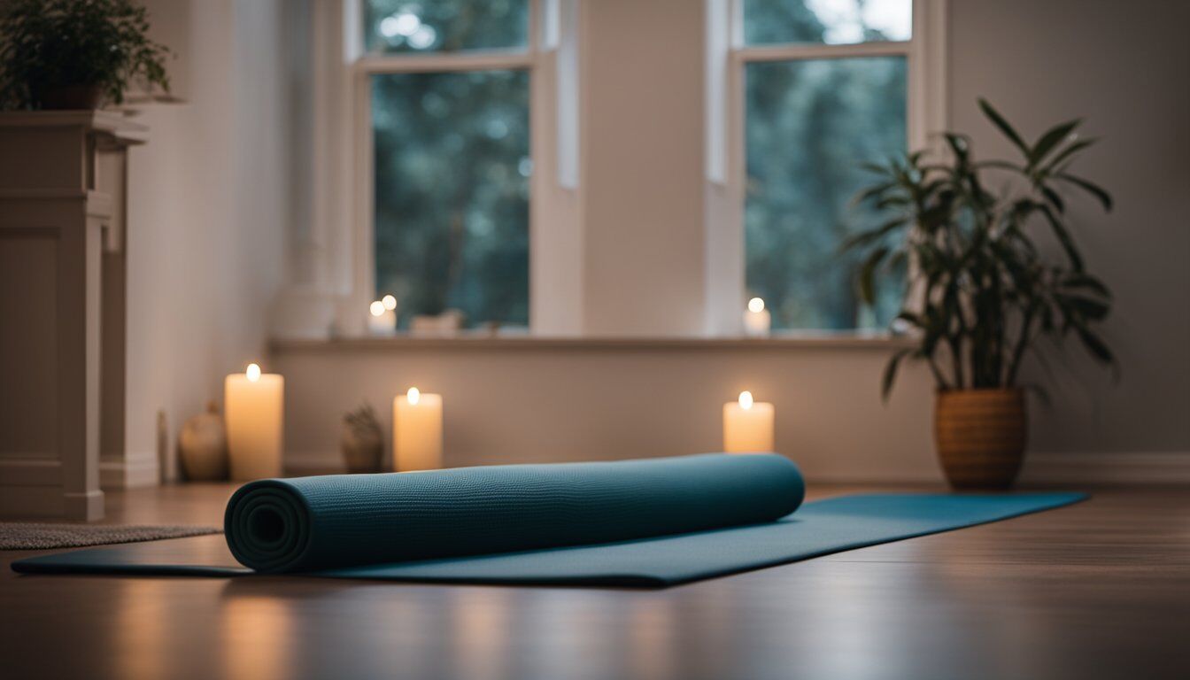 A serene, dimly lit room with a yoga mat, bolster, and calming decor. A soft glow illuminates the space, creating a peaceful atmosphere for evening yoga practice