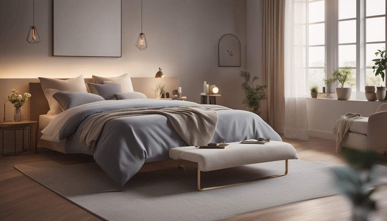 A serene bedroom with soft lighting, a yoga mat on the floor, and a person practicing gentle yoga poses before bedtime