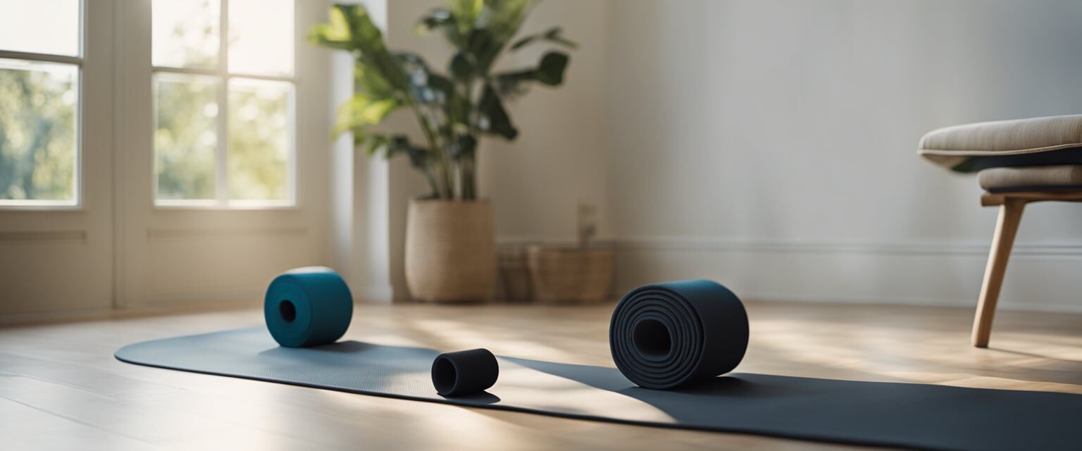 A serene, sunlit room with a yoga mat on the floor. A series of back-strengthening poses are demonstrated, promoting healing and strength
