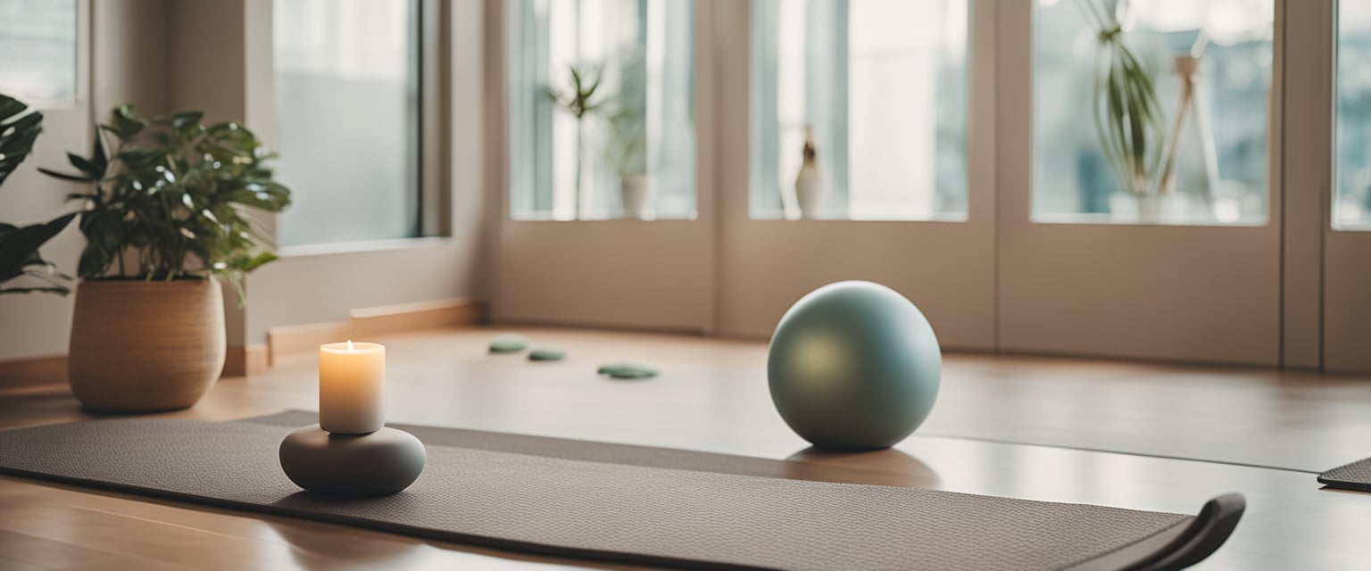A serene yoga studio with soft lighting, a calming color palette, and various yoga props arranged neatly on the floor