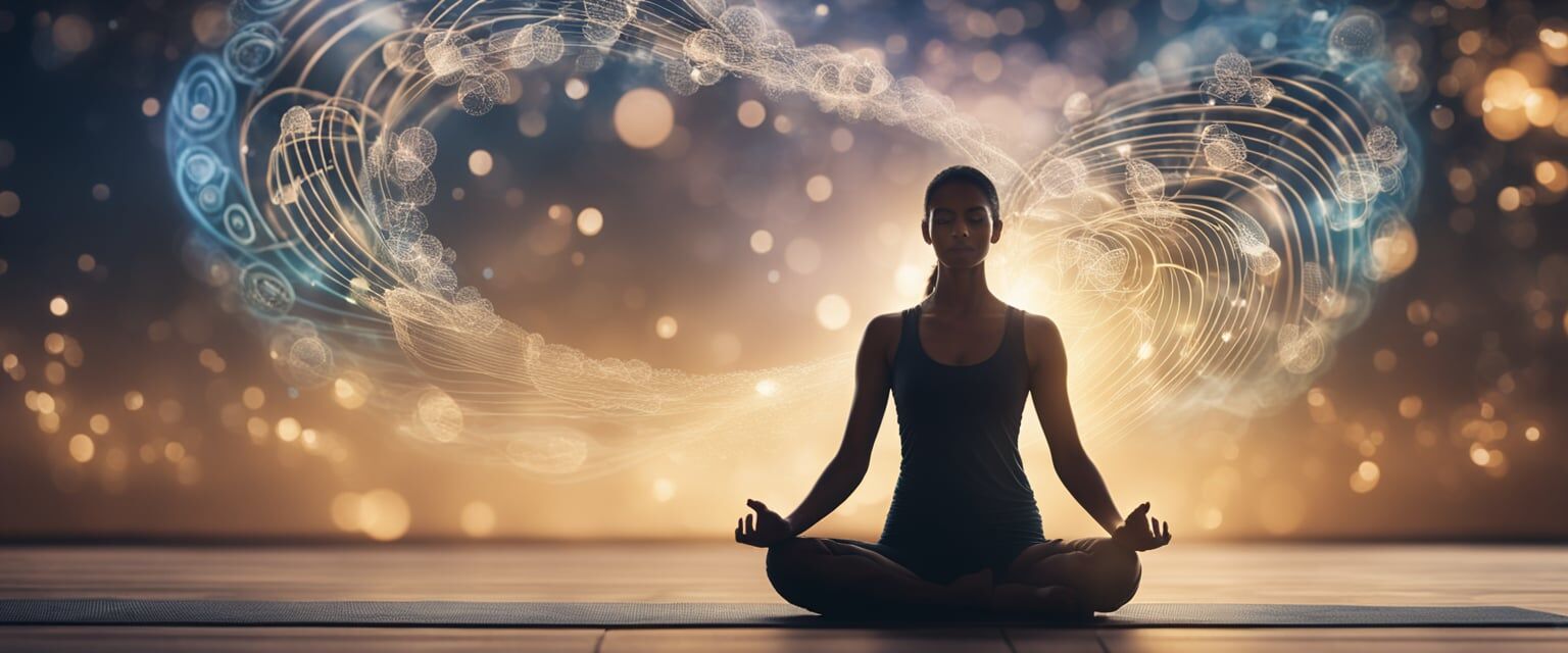 A serene figure in a yoga pose, surrounded by swirling patterns of air and energy, demonstrating the practice of breathwork (Pranayama)