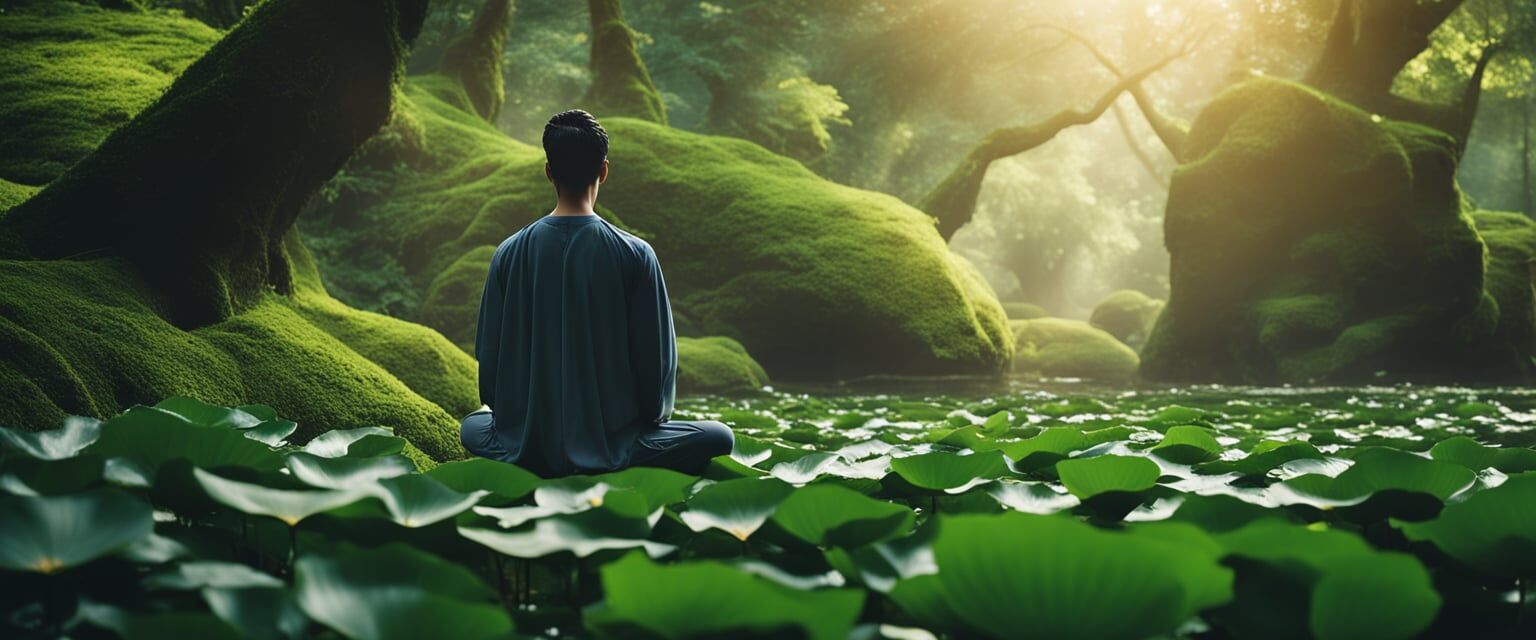 A serene figure meditates in a lush, ancient forest, surrounded by blooming lotus flowers and flowing streams. The air is filled with tranquility and the sound of deep, intentional breaths