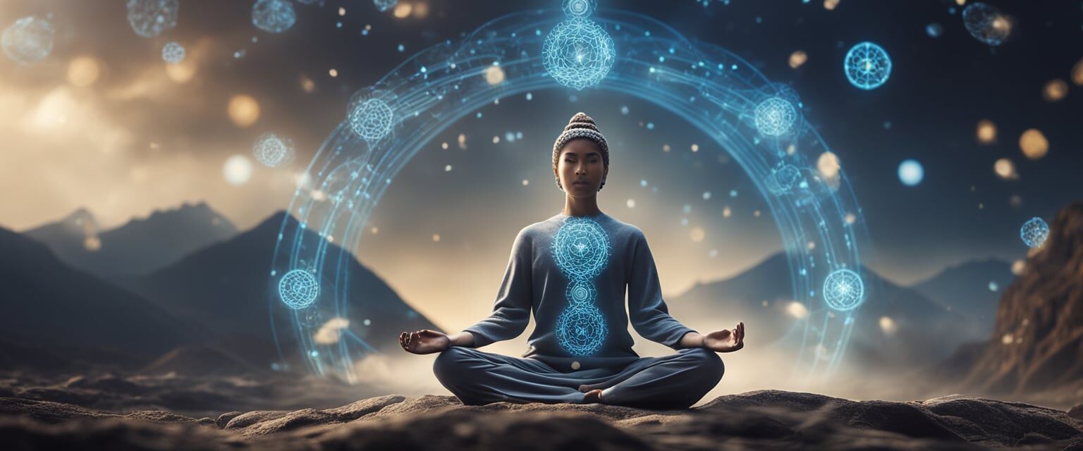 A serene figure in a meditative posture, surrounded by flowing energy and symbols representing breath and movement